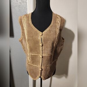 SMH Size L. Tan 100% Leather Vest With Cream Trim.